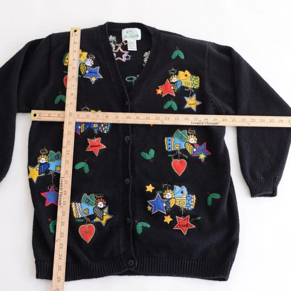 Vintage The Quacker Factory Black Embroidered Angels Cardigan Knit  Sweater M - Picture 4 of 12